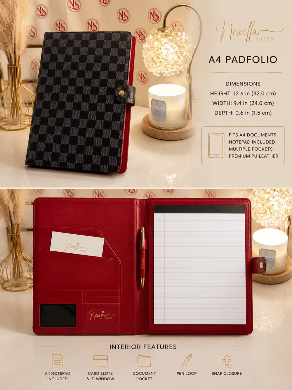 Black Checked with Red interior Legal Pad Portfolio A4 by Nexella Luxe